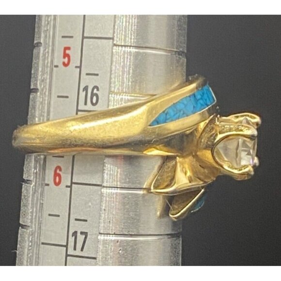 Vtg 'Ring 92 SW CZ Solitaire Yellow Gold Plated Wrap Crushed Turquoise Size 5.5 - Picture 8 of 14